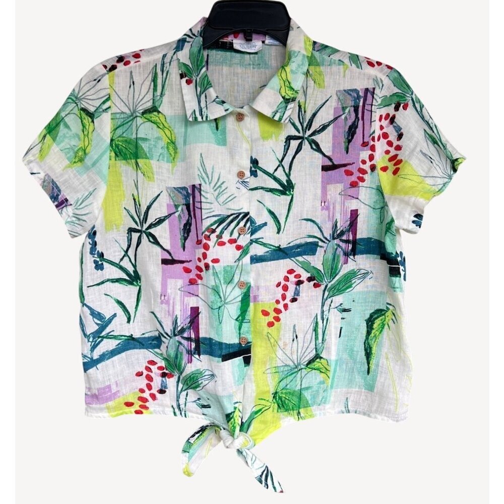 Sigrid Olsen Womens 100% Linen Tie Front Cropped Button Front Shirt